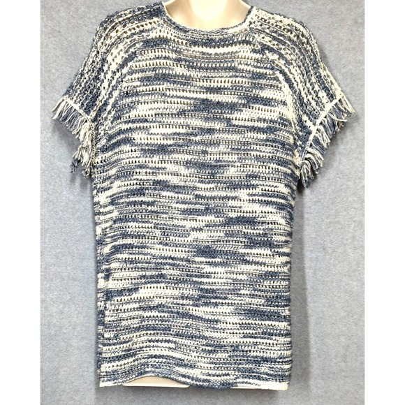 Crochet Loose Knit Sweater Women L Tassels Short Sleeves Fringe Cottagecore Boho - Picture 3 of 5